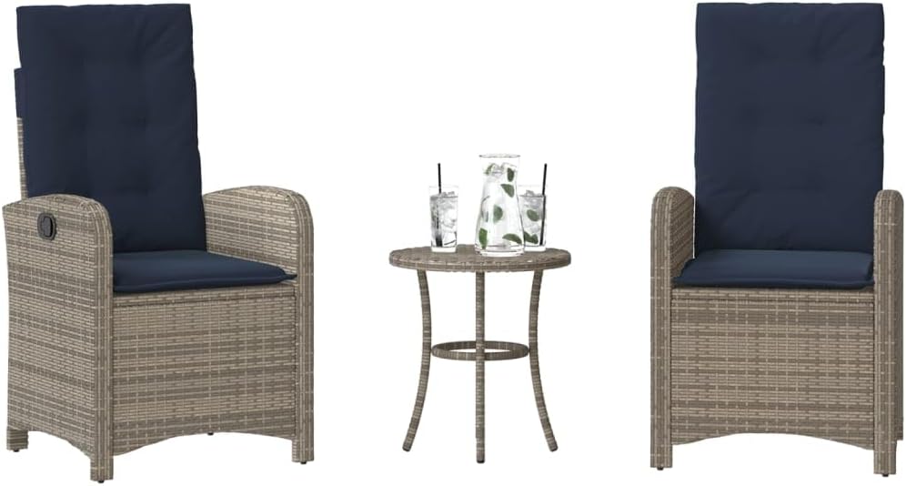 3 Piece Bistro Set with Cushions Gray Poly Rattan,Adjustable Backrest Outdoor Bistro Set with Washable Cushions for Patio, Garden, Balcony Patio Furniture Sets, Outdoor Furniture Sets