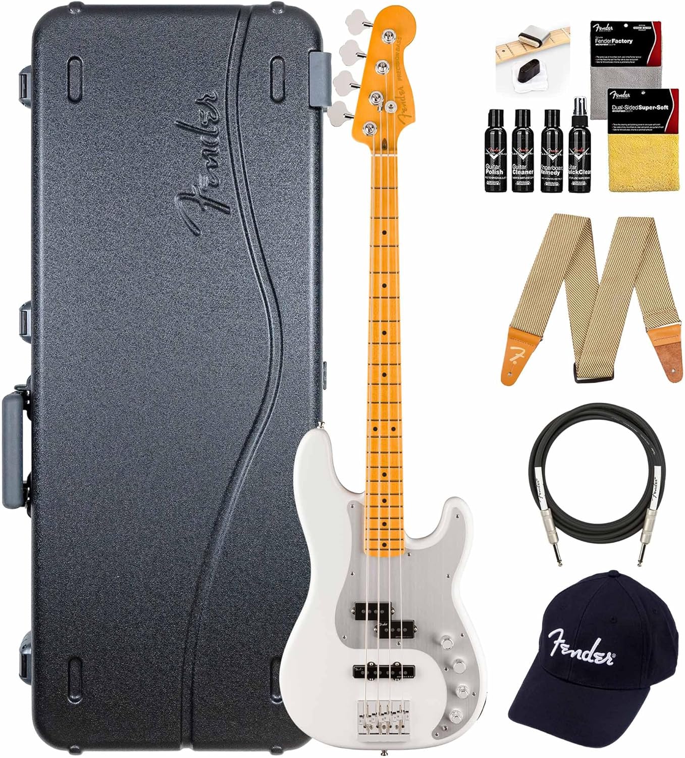 Fender American Ultra II Precision Bass - Avalanche Bundle with Case, Strap, Cable, Hat, and Guitar Cleaning Kit