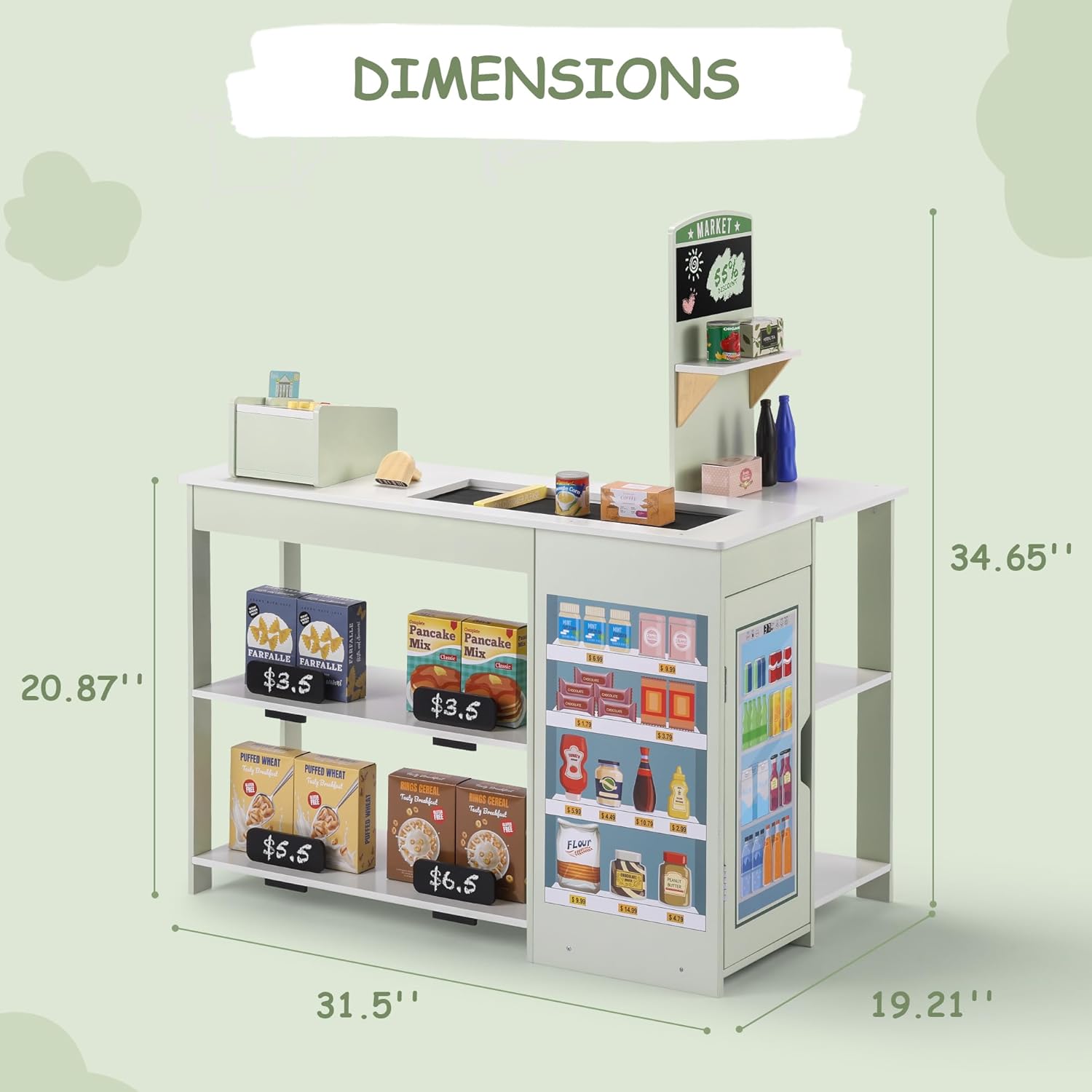 SainSmart Jr. Grocery Store Pretend Play, Wooden Play Store with Cash Register, Chalkboard, Cooler, Play Food Accessories, for Toddlers Aged 3+, Light Sage Green