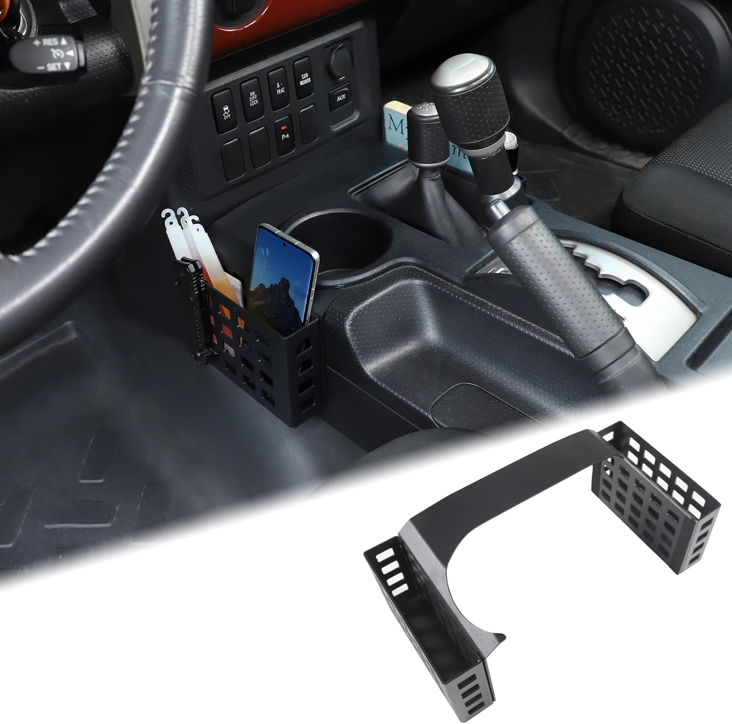 Aunginsy Center Console Gear Storage Box Basket Fit Toyot@a FJ Cruiser 2007-2024 Aluminum Gear Shift Side Storage Baskets Center Console Organizer Tray Armrest Storage Box Basket Interior Accessories