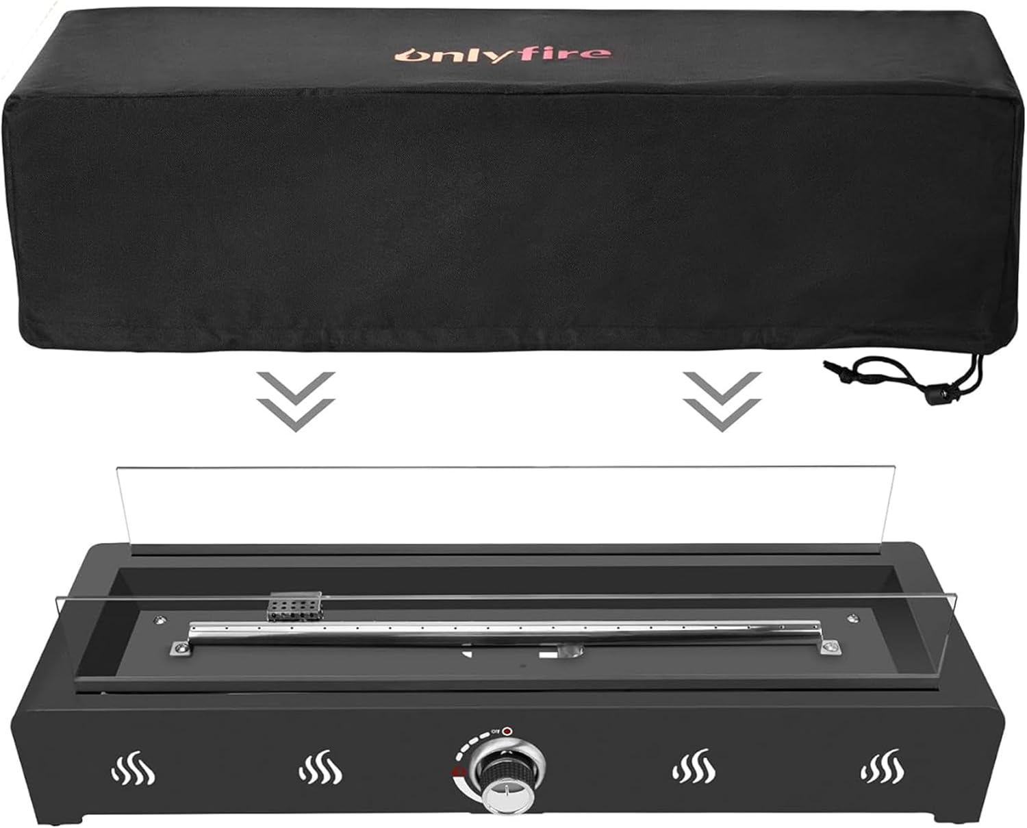 Onlyfire 28'' Tabletop Fire Pit with Cover, Propane Gas Fireplace with Rear Air Inlet, Glass Wind Guard and Lava Rock, Outdoor Patio Rectangular Smokeless Fire Table