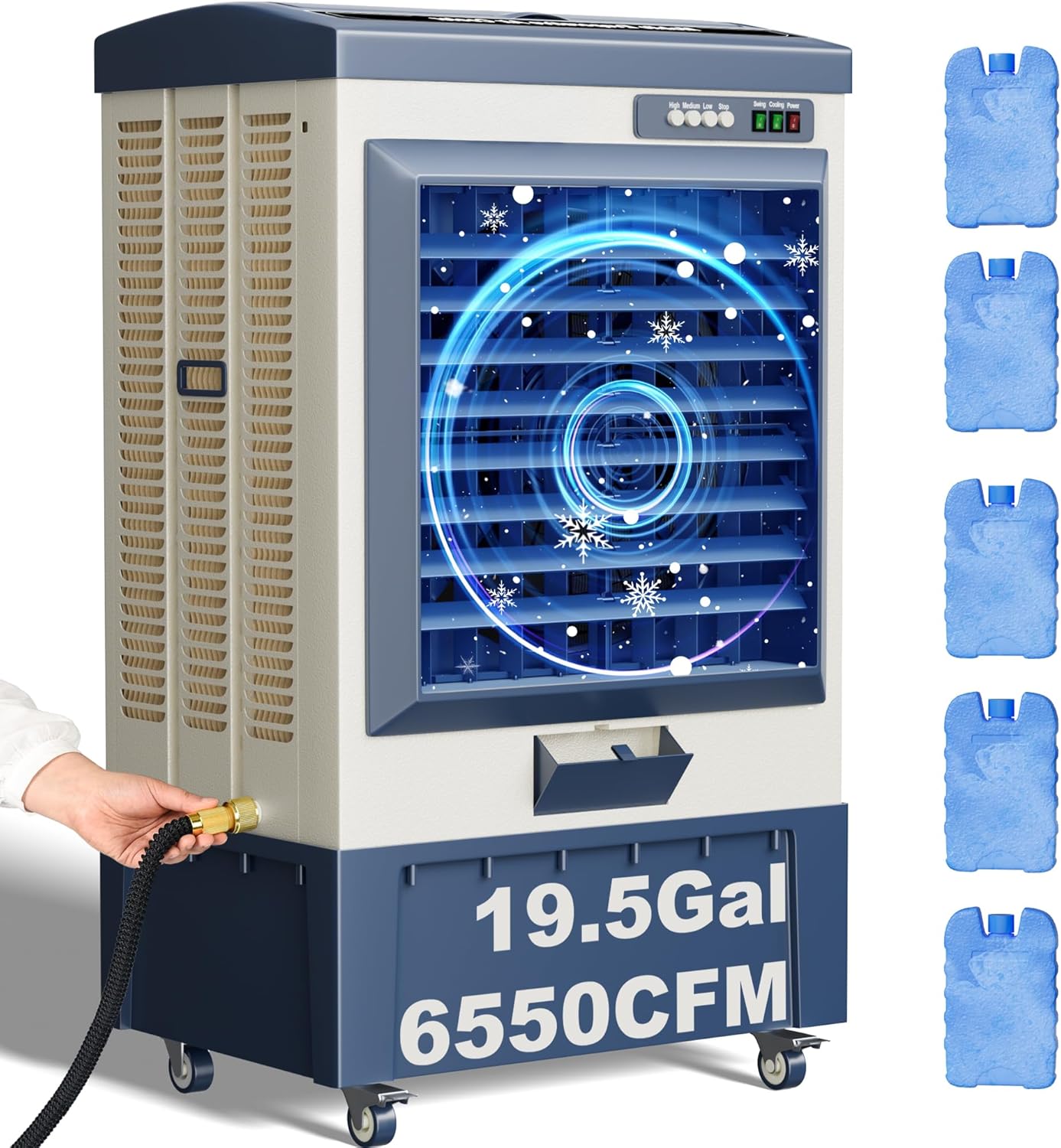 Swamp Cooler, 6550CFM Evaporative Air Coolers with 19.5 Gal Tank, Windowless Air Conditioner 3 Speeds for Outdoor Use, 49 Inch Air Cooler Water Fan for Patio, Garage, Shop, Commercial Grey