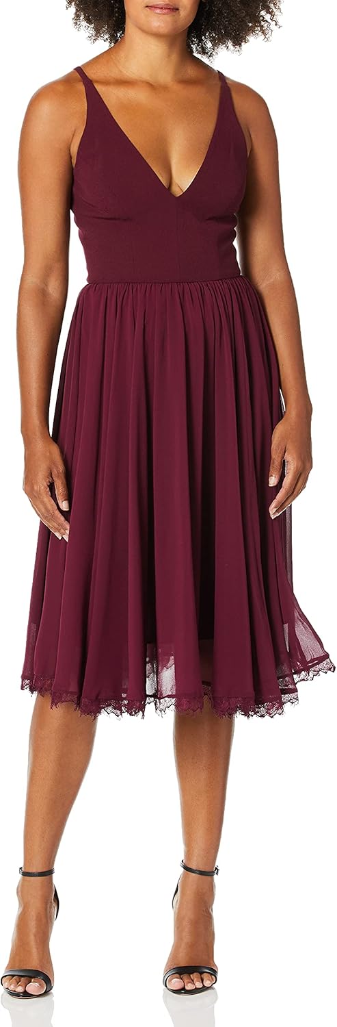 Dress the Population Women's Alicia Plunging Mix Media Sleeveless Fit and Flare Midi Dress