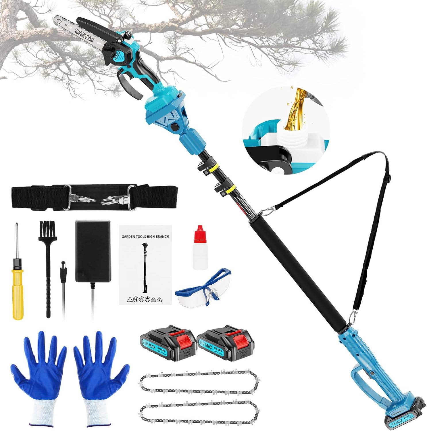 2-in-1Pole Saw＆6 Inch Mini Chainsaw Cordless,with Extension Pole,Adjustable 180° Cutting Angle with 2 Battery, Auto-oil,Pole Saws for Tree Trimming,Ideal Gifts for Men Dad