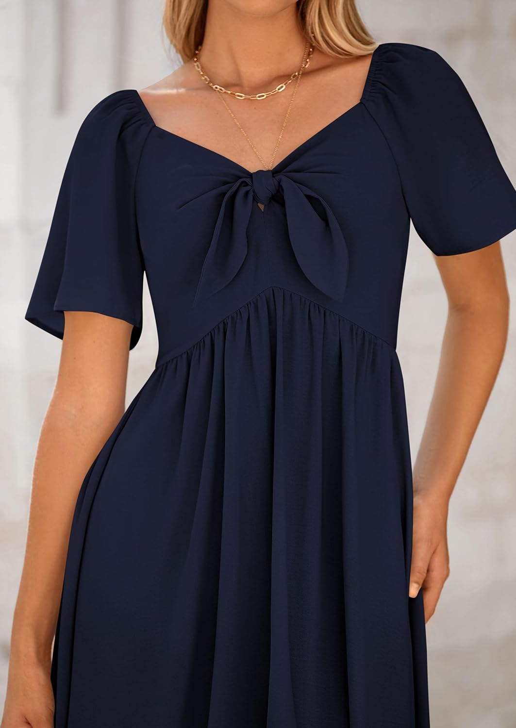 PRETTYGARDEN Summer Dress for Women 2026 Casual Short Sleeve Bow Tie V Neck Ruffle Midi Flowy Dresses