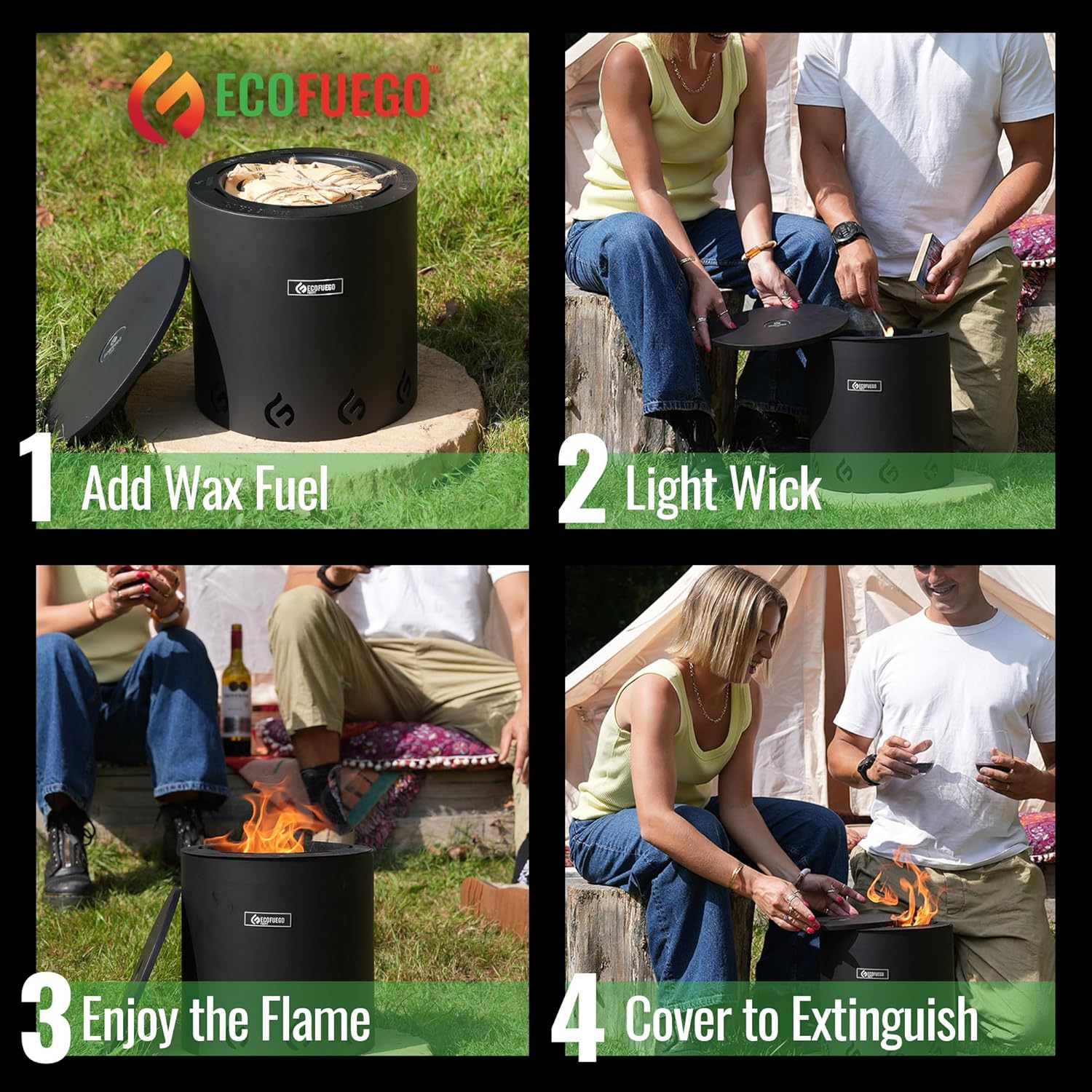 El Campo Portable Wax-Burning Fire Pit – Clean-Burning, No-Wood Fuel with 8-Hour Wax Refill – Compact and Durable for Camping, Travel, and Outdoor Use – Matte Black Finish