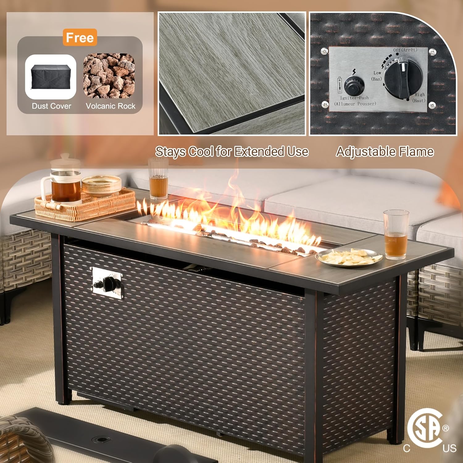 Rattan Patio Furniture Set with Fire Pit Table,9 Pieces Outdoor Sectional with Swivel Chairs Ottoman,Out Door Furniture Conversation Set,Beige