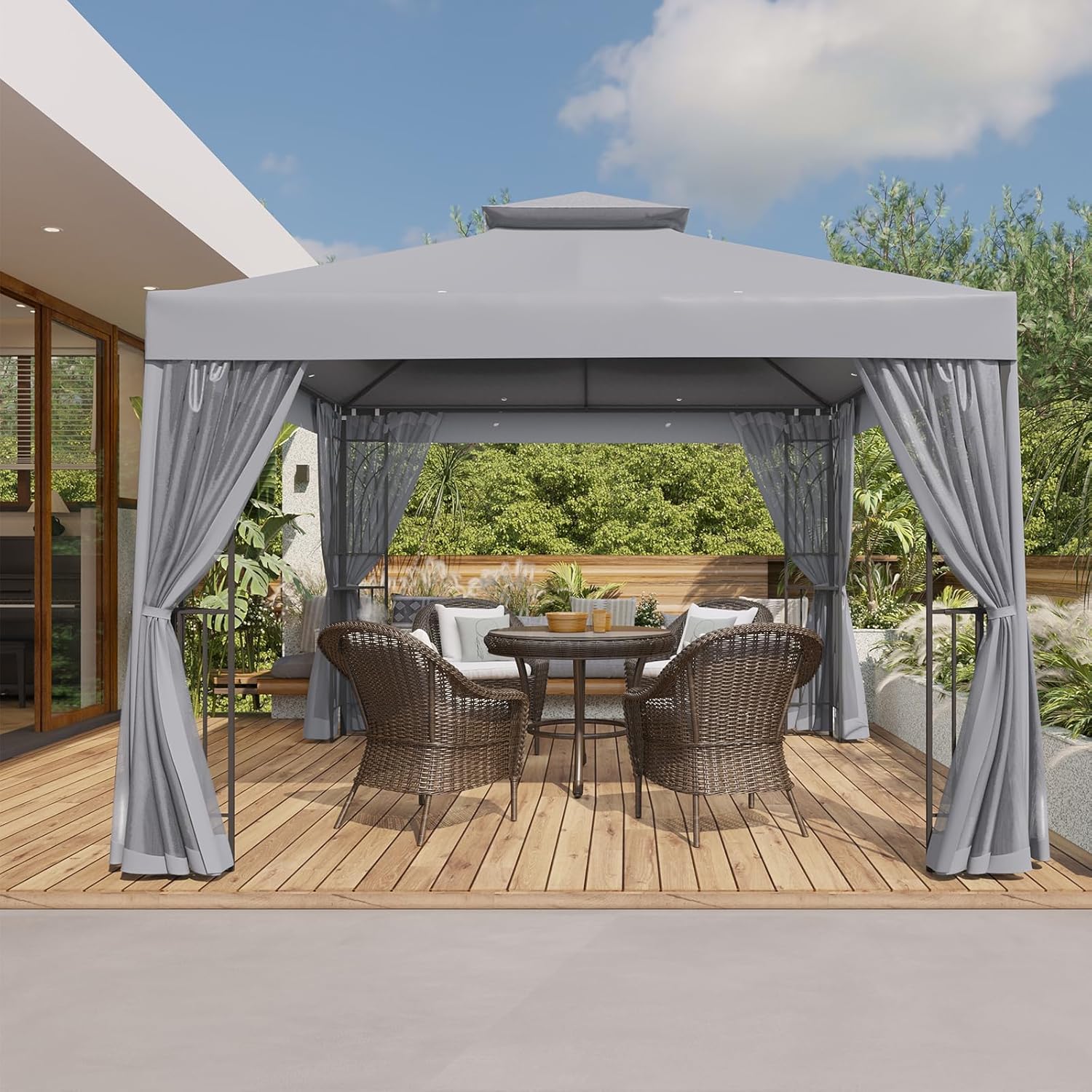 COOS BAY 10x10 Outdoor Patio Gazebo with Netting and Corner Shelves, Two-Tier Soft Top Canopy for Backyard, Lawn, Deck and Garden, Gray
