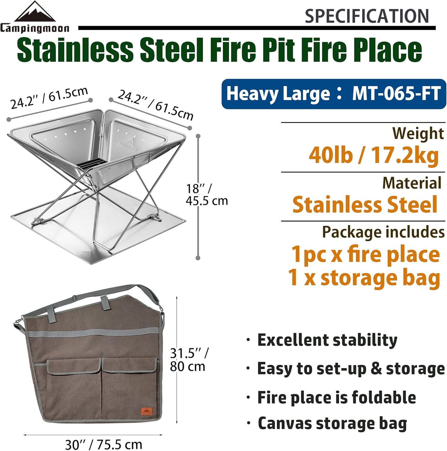 CAMPINGMOON Foldable Heavy Large Fire Pit Charcoal Wood Burning 24-inch Stainless Steel MT-065-FT with Duty Storage Bag