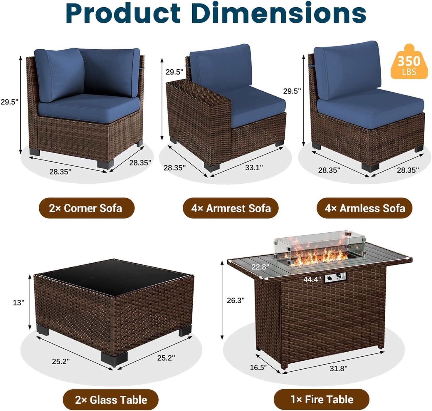 13 Piece Patio Furniture Set with Fire Pit Table, Wide Armrest Outdoor Sectional Sofa Grey Wicker Rattan Conversation Sets, 4'' Thickened Cushion Dark Grey (Include Waterproof Cover)