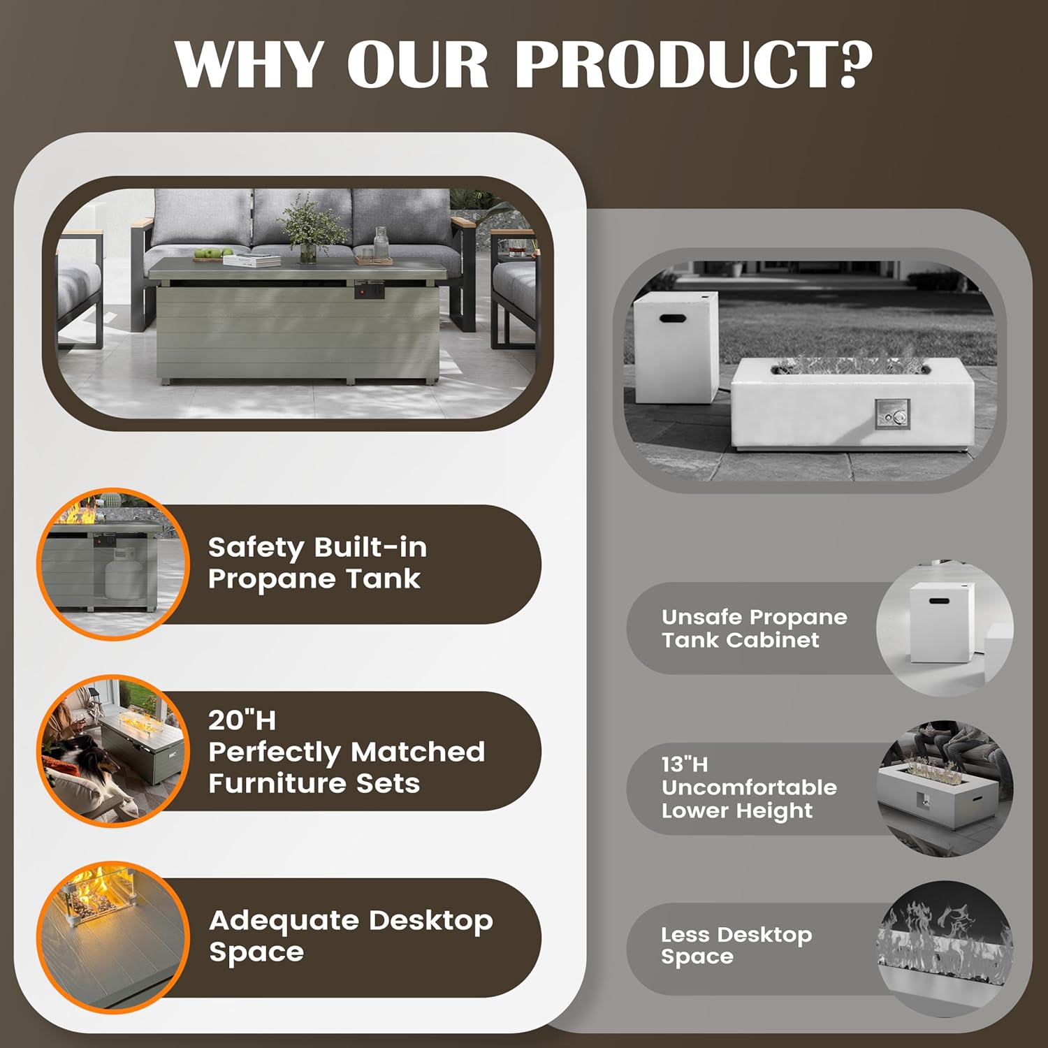Sundale Outdoor 51 Inch Outdoor Fire Pit Table, 50,000BTU Rectangle Propane Fire Pit with Sliding Tank Holder, Glass Wind Guard, Dust Cover, Removable Lid, CSA Certified, Olive Green