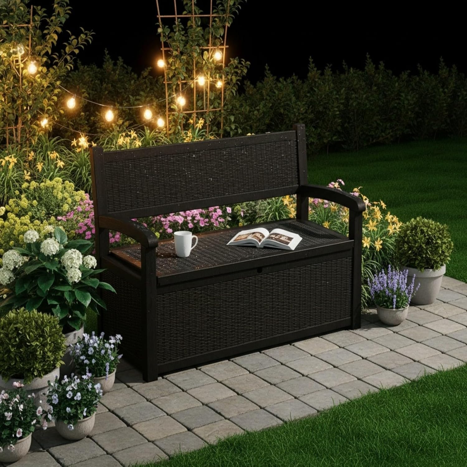 80 Gallon Outdoor Storage Bench, Waterproof Patio Deck Box with Lockable Lid for Garden & Porch, All-Weather Resin Furniture for Cushions, Tools, Pool Accessories