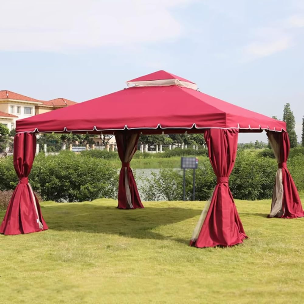 Outdoor Metal Double Roof Canopy, Pop Up Gazebo Outdoor Shelter, Instant Patio Gazebo Sun Shade Tent, Double-Layer Breathing Ceiling Design, for Lawn(Red)
