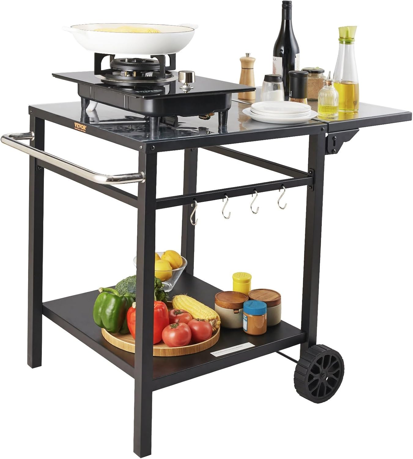 Outdoor Grill Dining Cart with Double-Shelf, BBQ Movable Food Prep Table, Multifunctional Foldable Iron Table Top, Portable Modular Carts for Pizza Oven, Worktable with 2 Wheels, Carry Handle