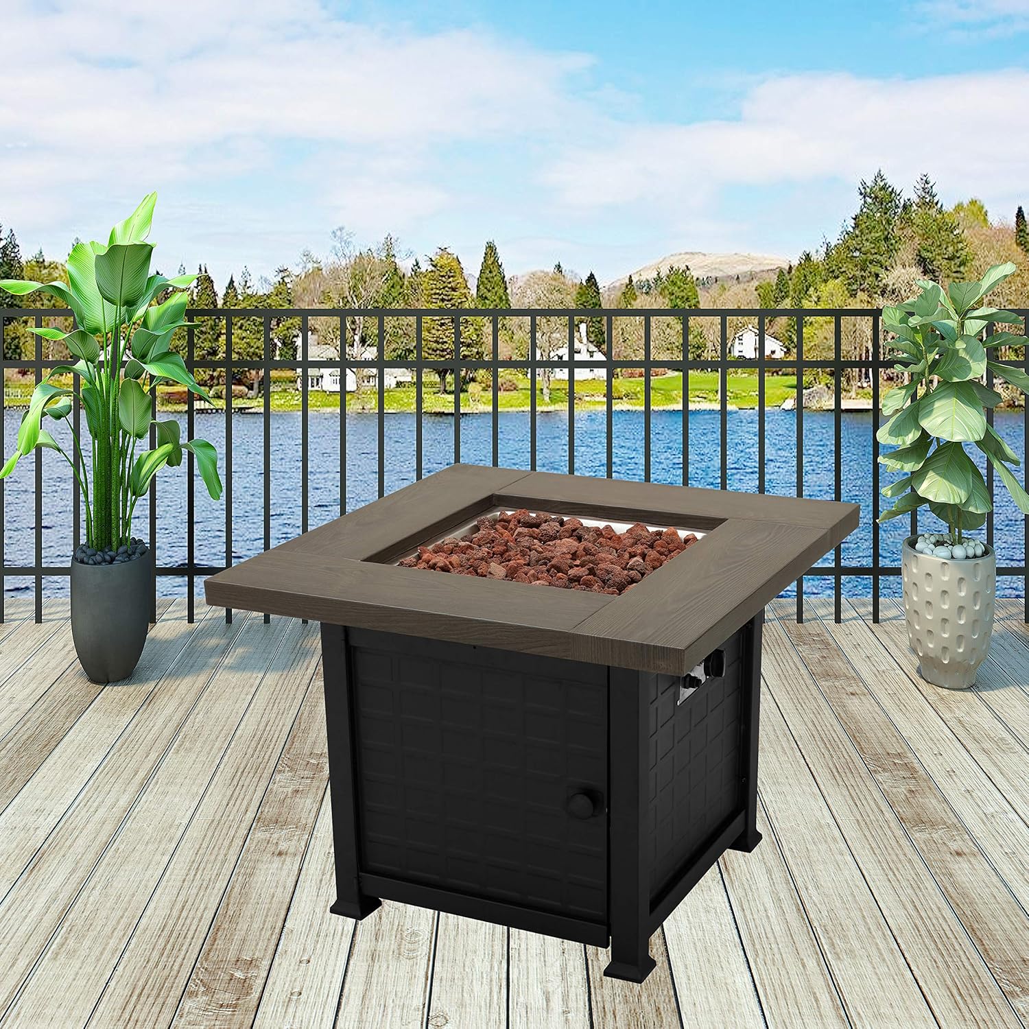 LOKATSE HOME 34-Inch Propane Gas Fire Pit Table for Square Outside Patio with Steel Cover CSA Certification 50,000 BTU Outdoor Auto-Ignition Fireplace, Black