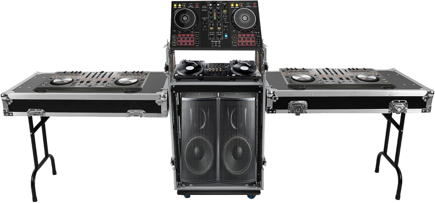 14U Mobile PA DJ Rack Road Case, Network & Stereo Rack with DJ Mixer Tops, Heavy-Duty 2-Tier Studio Equipment Cabinet with 4 Wheels, Amplifier Mixer Storage Stand for Live Sound, KTV, Home Theater