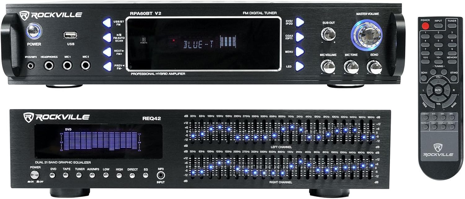 Rockville Bundle: RPA60BT V2 1000 Watt 2-Ch USB Bluetooth DJ/Pro/Karaoke Amplifier Mixer Bundle with REQ42-B Black 19