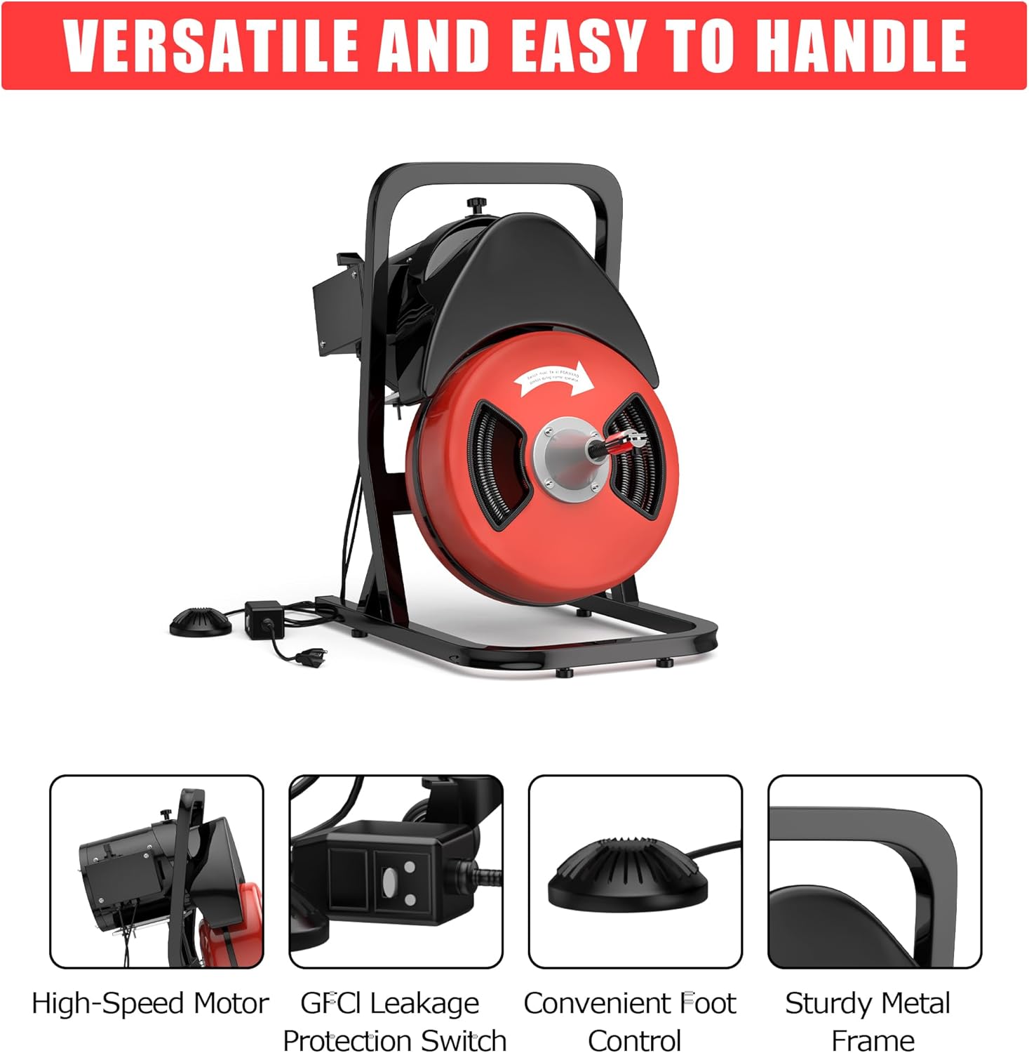 50FT 1/2 Inch Drain Cleaning Machine, Portable Electric Drain Auger with 6 Cutter & Air-Activated Foot Switch, Sewer Snake Drain Cleaner for 1