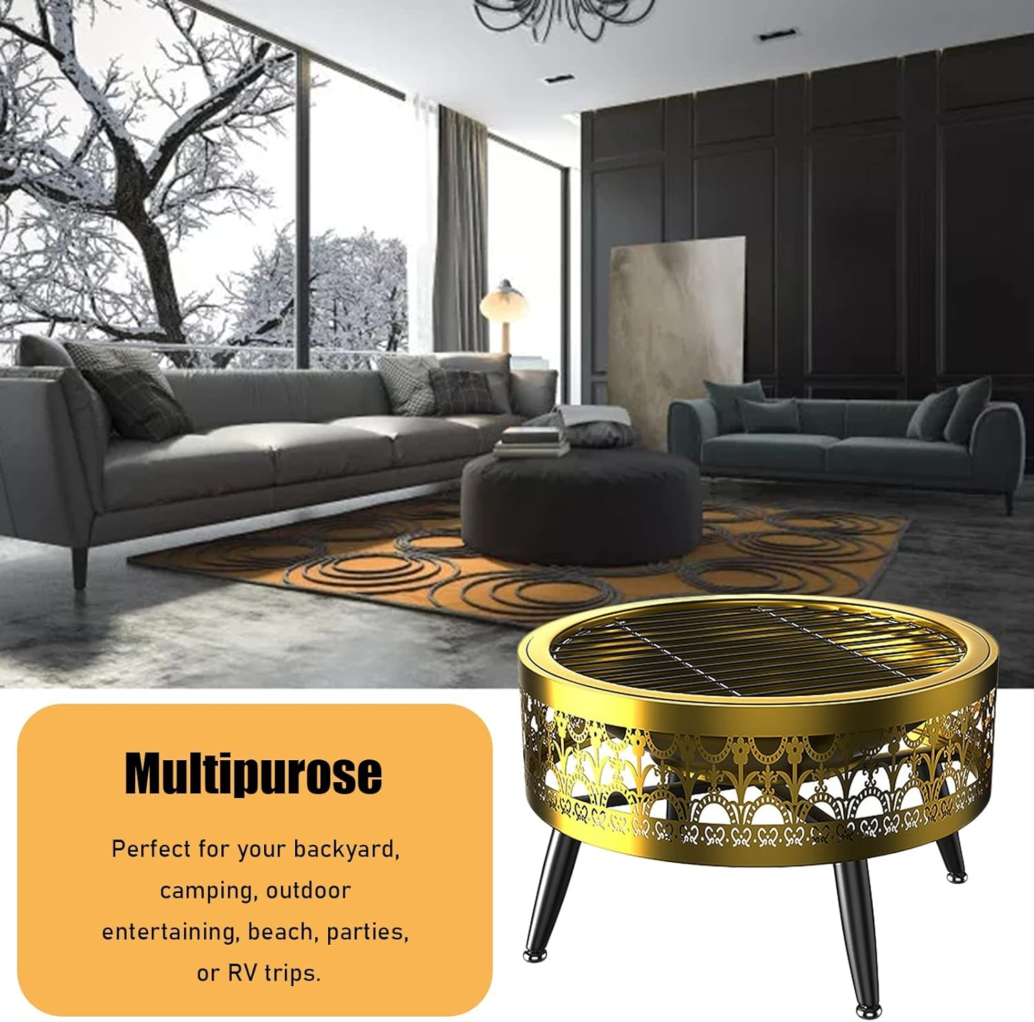 LXLZYXSF Gold Porch Patio Fire Pit, Modern Round Living Room Wood Burning Fire Basin Bowl, Camping, BBQ, Travel, Bonfire Party, Picnic (Color : B, Size : 52.5cm/20.6inch Wide)