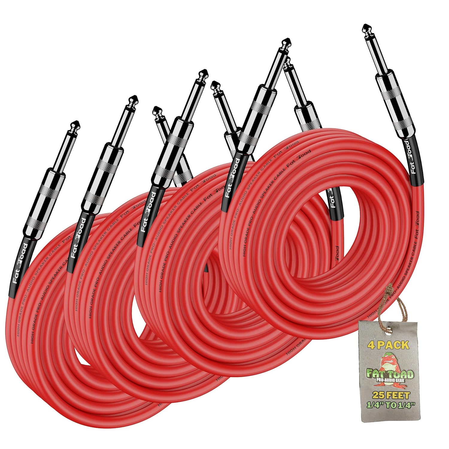 Fat Toad 25ft DJ Speaker Cables (Red-Flexpro Series) 4 Pack – 1/4 Inch TS PA Cords – 12 AWG Audio Wires for Studio Stage System, Amplifier, & Recording Gear Use