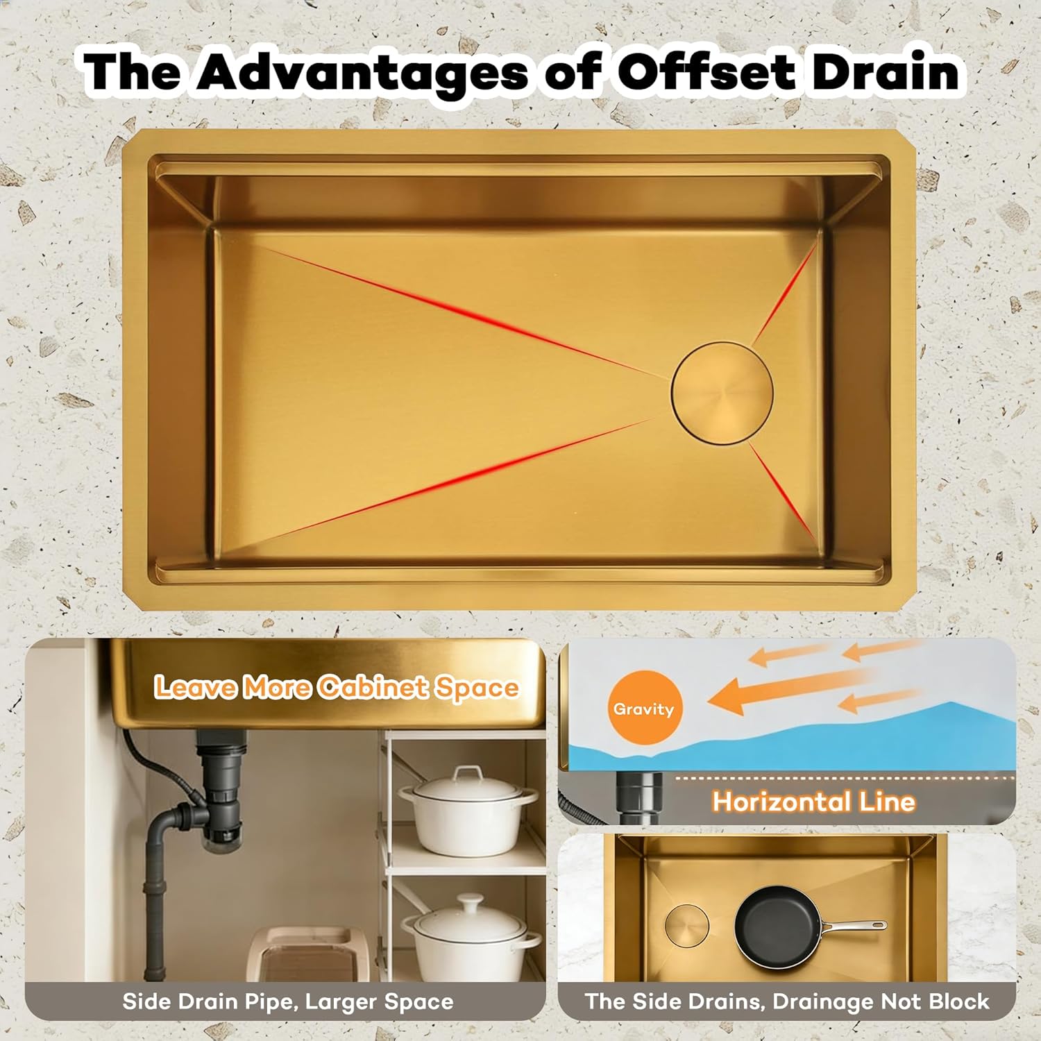 Kitsitchen 30 Inch Gold Undermount Kitchen Sink,16 Gauge Stainless Steel Under Counter Single Bowl Kitchen Sink,10 Inch Deep Workstation Sinks with Abundant Accessories & Offset Drain(30