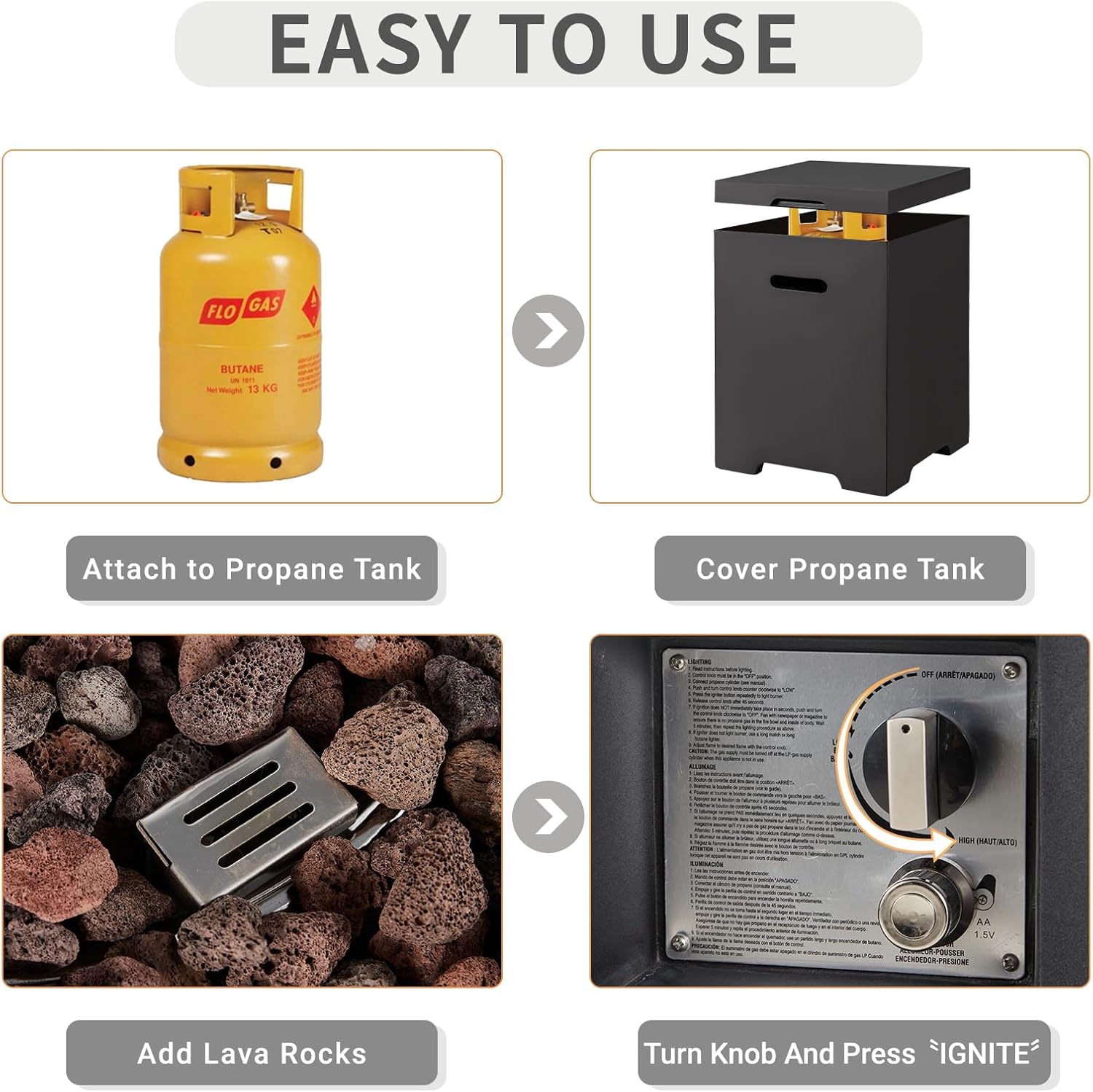 ECOTOUGE 2-Piece Gas Fire Pit, Outdoor Propane Fire Pit Table Set w/Tank Cover, 30''Auto-Ignition Round Steel Fire Table, 50,000 BTU Concrete Fire Pit w/Weather-Resistant Pit Cover, Lava Rocks, Black