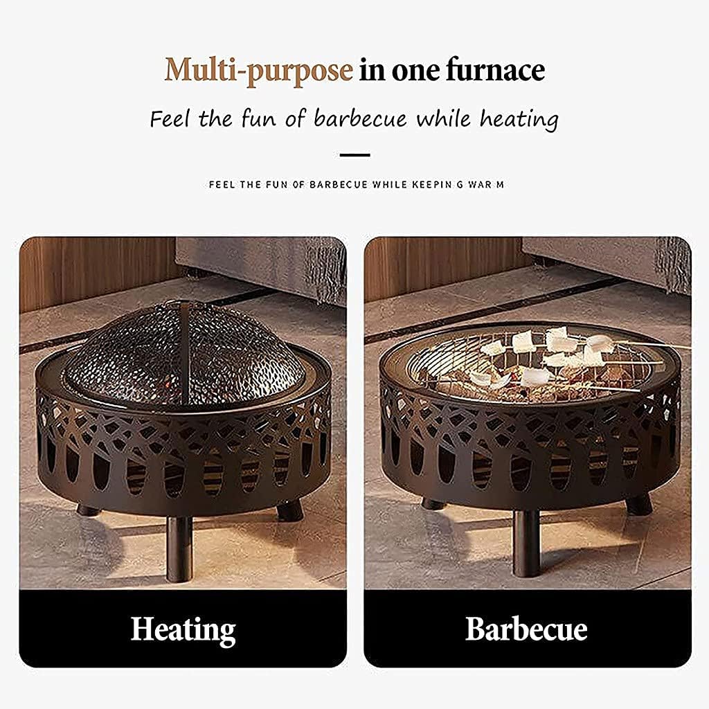 Multifunctional Fire Pit Table, Wood Burning Pit, Firepit Table for Outside Round Firepit Table for Outside Wood Burning with Spark Screen Cover for Heating, Camping and BBQ