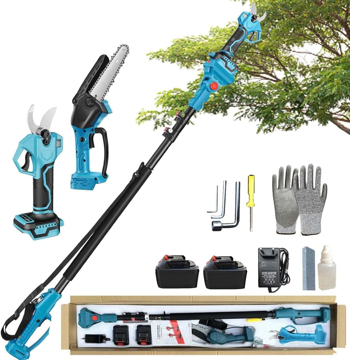 Upgraded 4 in 1 Cordless 8 inch Pole Saw & Mini Pruning Shears with 2 * 1.3Ah Battery, Power Electric Polesaw, With 1.25-2.2m telescopic pole, Multi-Angle for Tree Branches Trimming