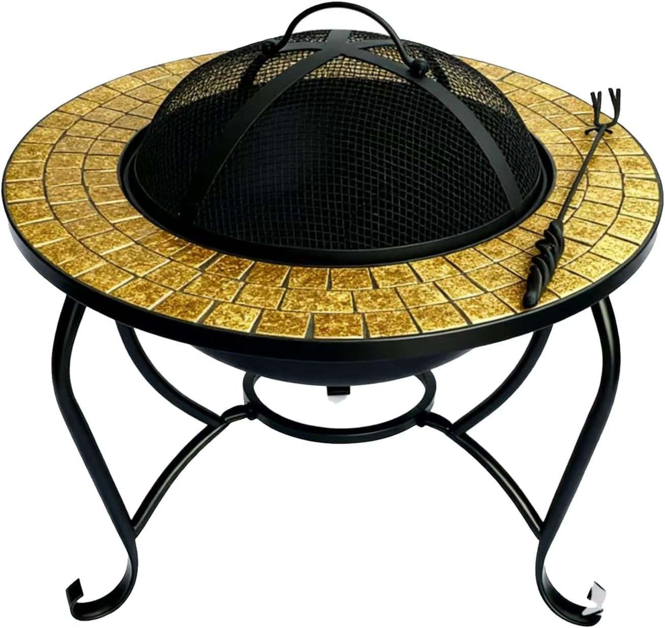 Artisan Home Decor Mosaic Fire Pit Table with Mesh Cover, Yellow and Green Tile Pattern, Metal Frame, 2-Tier Design, Freestanding Customized (Color on The Picture)