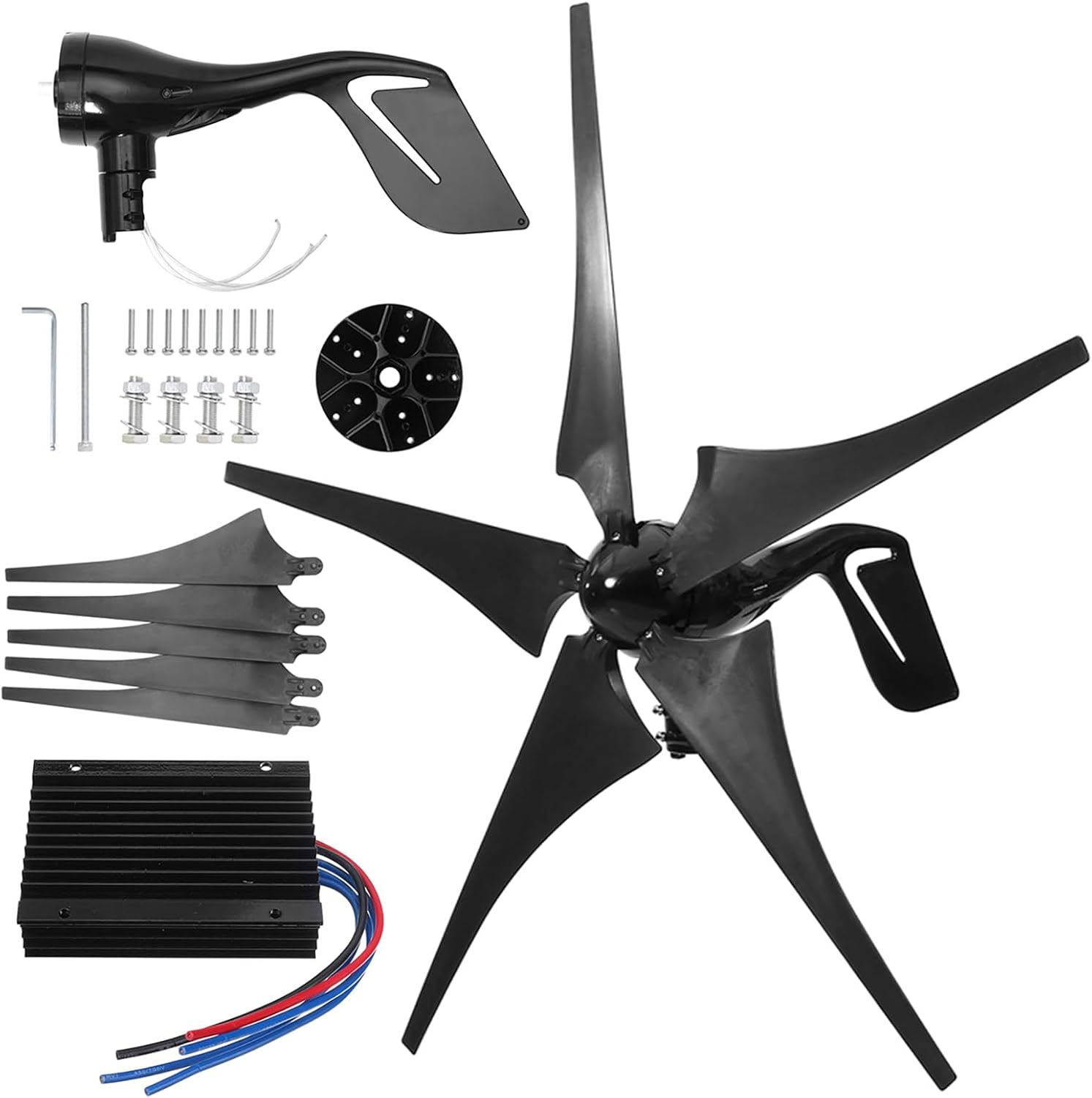 Wind Turbine Generator 1000W Horizontal Home Wind Generator Kit 12V / 24V / 48V with Controller and 5 Black Blades, Auto Adjust Windward Direction, for Home Outdoors Boat Camping,1000w,48V