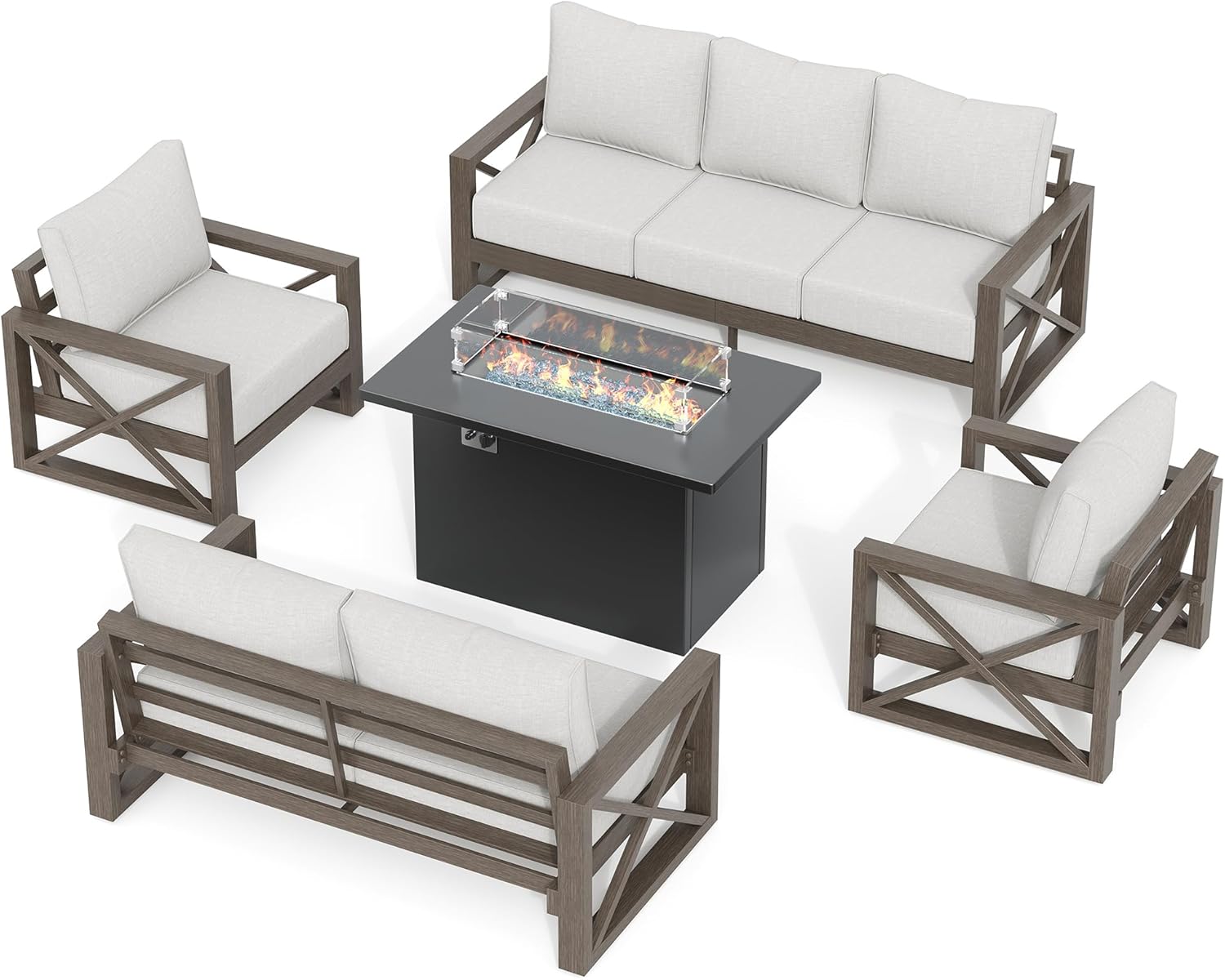 UDPATIO 5 Piece Aluminum Patio Furniture Set with Fire Pit Table, Faux Wood Patio Conversation Set with 6