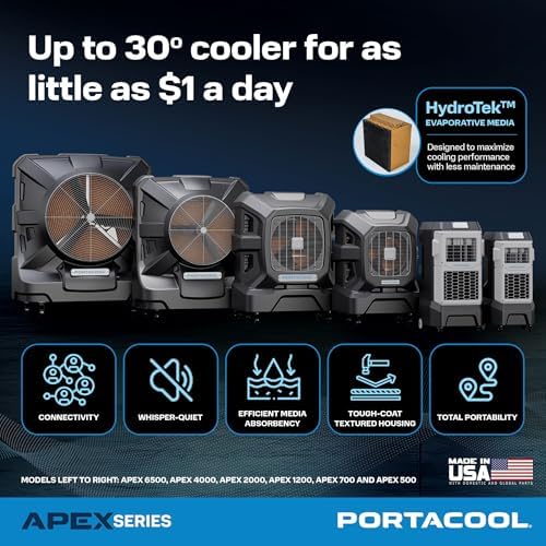Portacool Apex 1200 (PACA12001A1) – Wi-Fi Enabled High Velocity Portable Evaporative Cooler for 1200 sq. ft. with up to 40-foot Reach, Programable, 40 Gallon Reservoir, Variable Speed