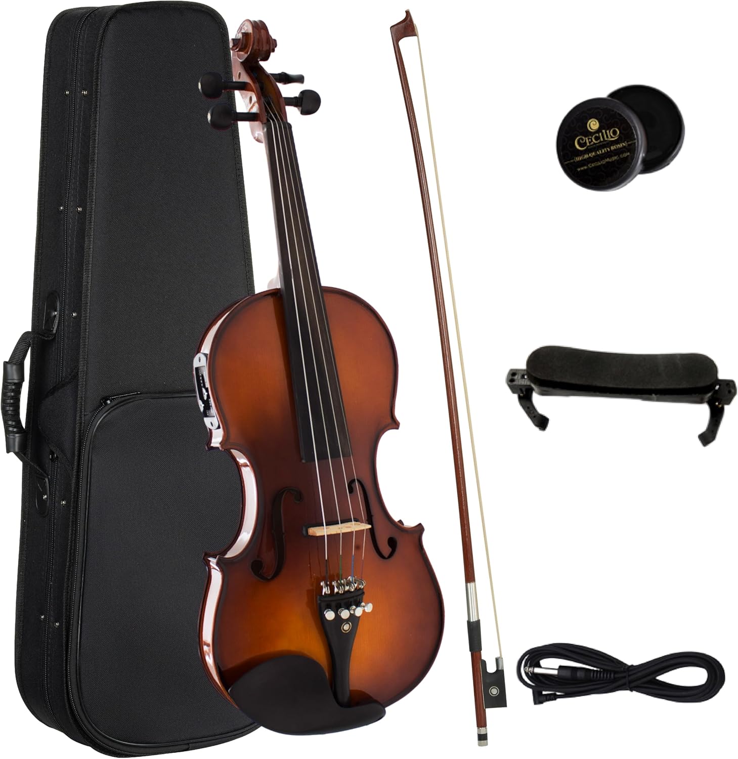Cecilio 4/4 Full Size Acoustic & Electric Violin for Beginners & Professionals, Hand-Carved Solid Spruce Top, Ebony Fine Tuners, Full Set with Case, Bow, Rosin & AUX Cable (Metallic Black)