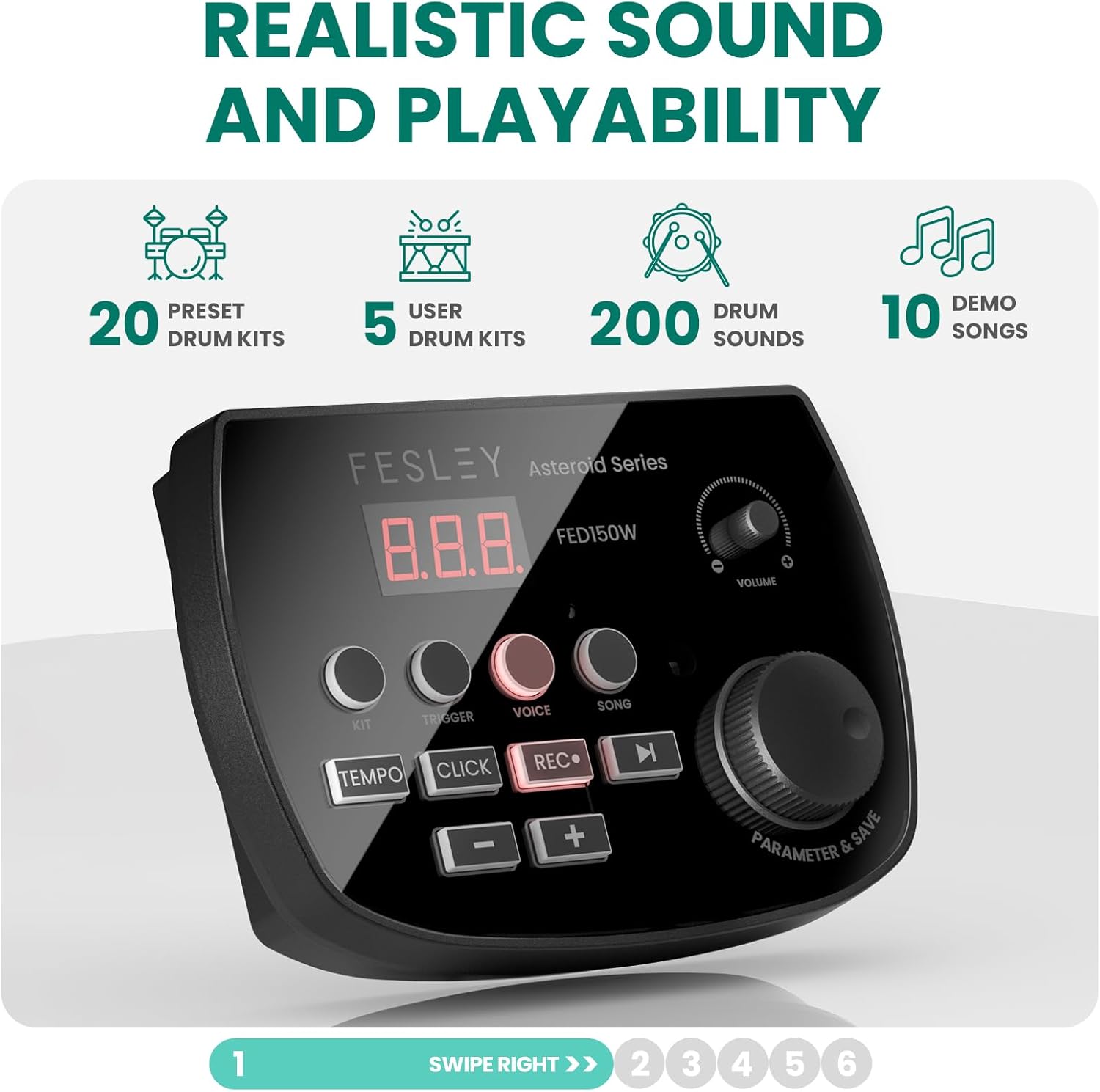 Fesley FED150W Electric Drum Set: Dual Zone Snare Drum,2 Cymbals w/Choke, 200 Sounds, 4 Quiet Mesh Drum Pads, Portable Electronic Drum Kit for Beginner, Bluetooth, MIDI, Throne, Headphone, Sticks