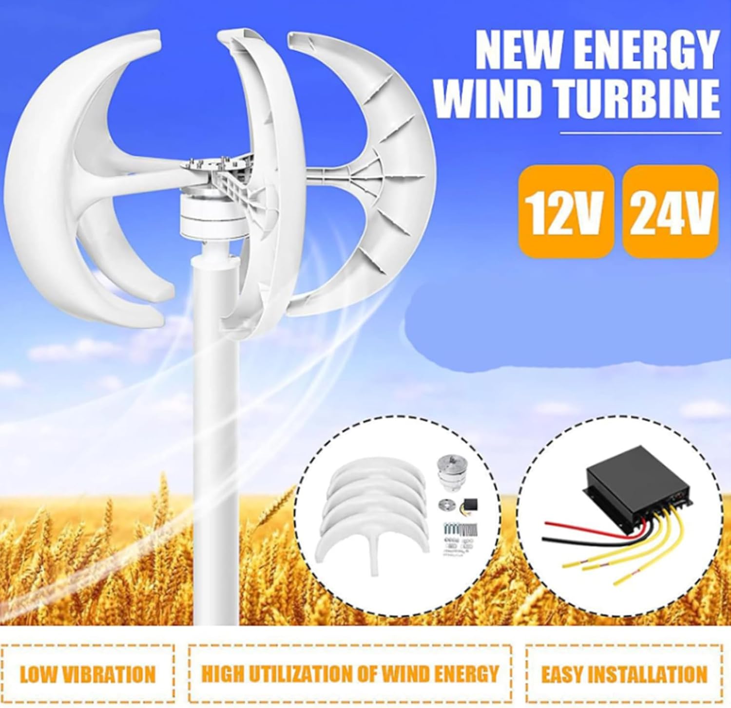 Portable Vertical Wind Power Turbine Generator Kit 12V/24V48V 5 Blade with Charge Controller Vertical Axis Wind Turbine Generator(10000W)