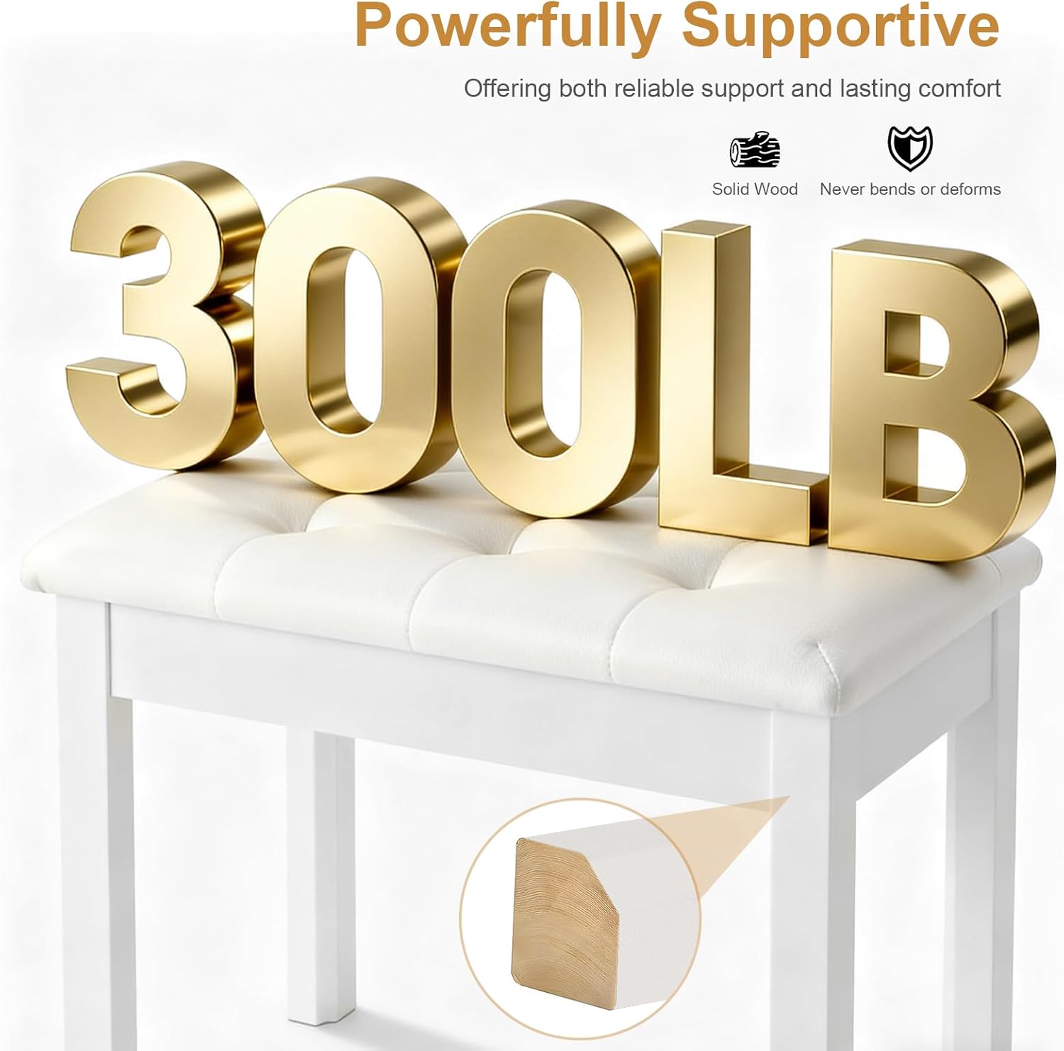 AiJoy Duet Solid-Wood Piano Bench for Digital Pianos, Waterproof PU Leather Padded Seat with Storage Compartment, Ideal for Home, Living Room & Vanity (White)