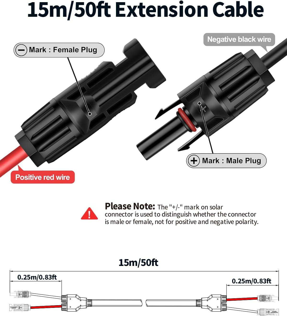50Ft 10AWG Solar Panel Extension Cable - Tonton 6mm² One-Piece Solar Wire with IP68 Male and Female Connectors, Heavy-Duty PV Cable for Home, RV, and Photovoltaic Systems (10AWG 50FT 15M)