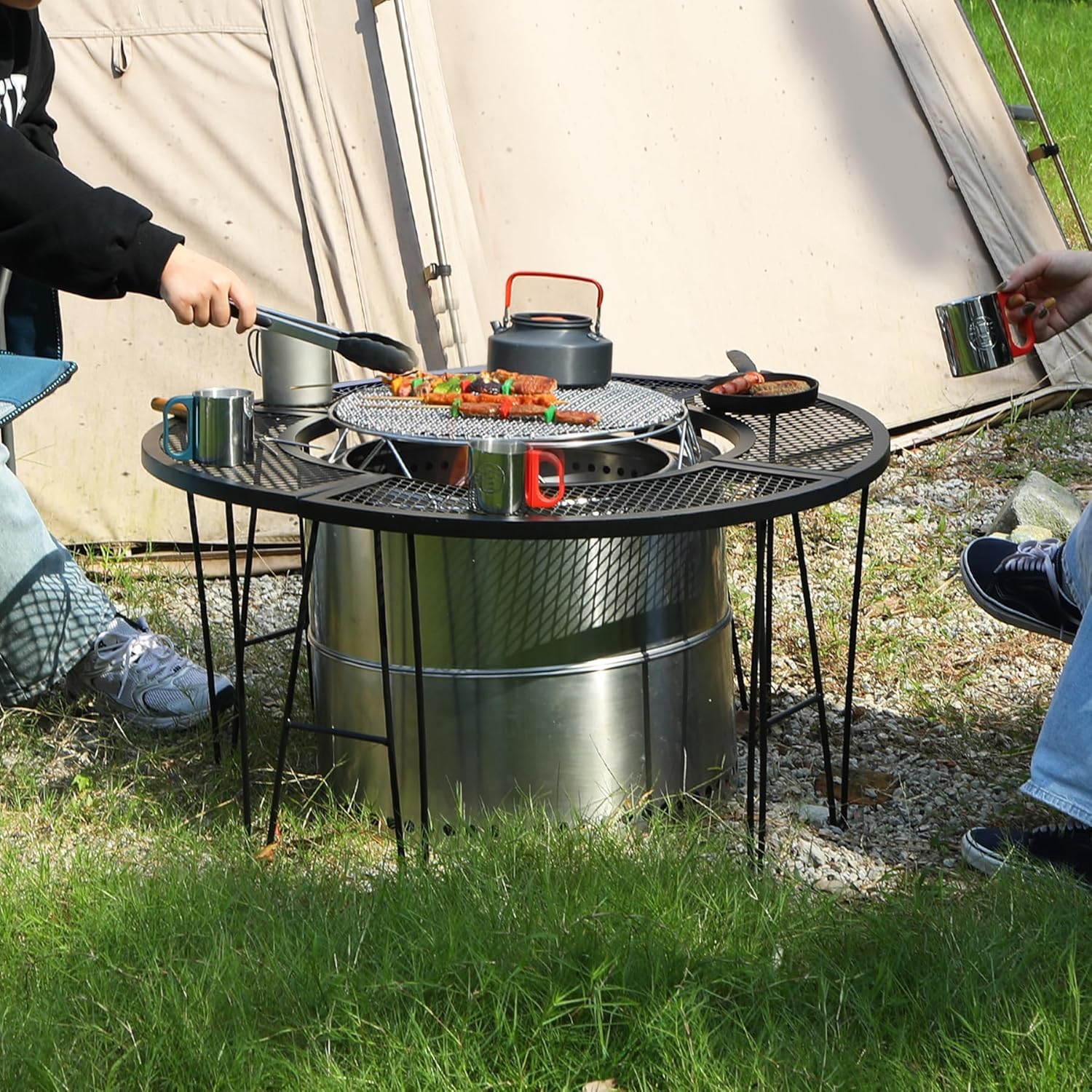 Lineslife Portable Fire Pit Surround Tabletop for Solo Stove Bonfire Ranger, Folding Iron Smokeless Round Fire Pit Table with 21