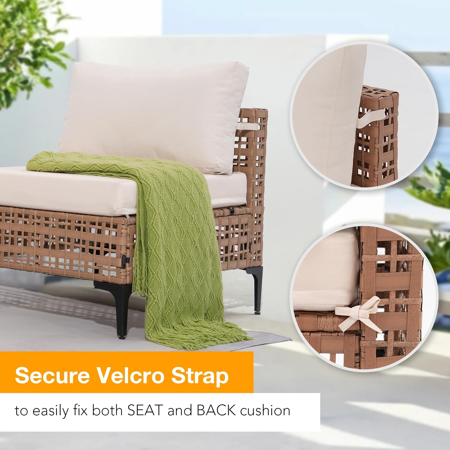 Patiorama 8 Piece Wicker Patio Furniture Set with 45” Fire Pit Table,Natural-Colored PE Rattan Outdoor Sectional Sofa, 50000 BTU Propane Fire Pit w/Wind Guard,Cover,Water Resistant Cushion-White