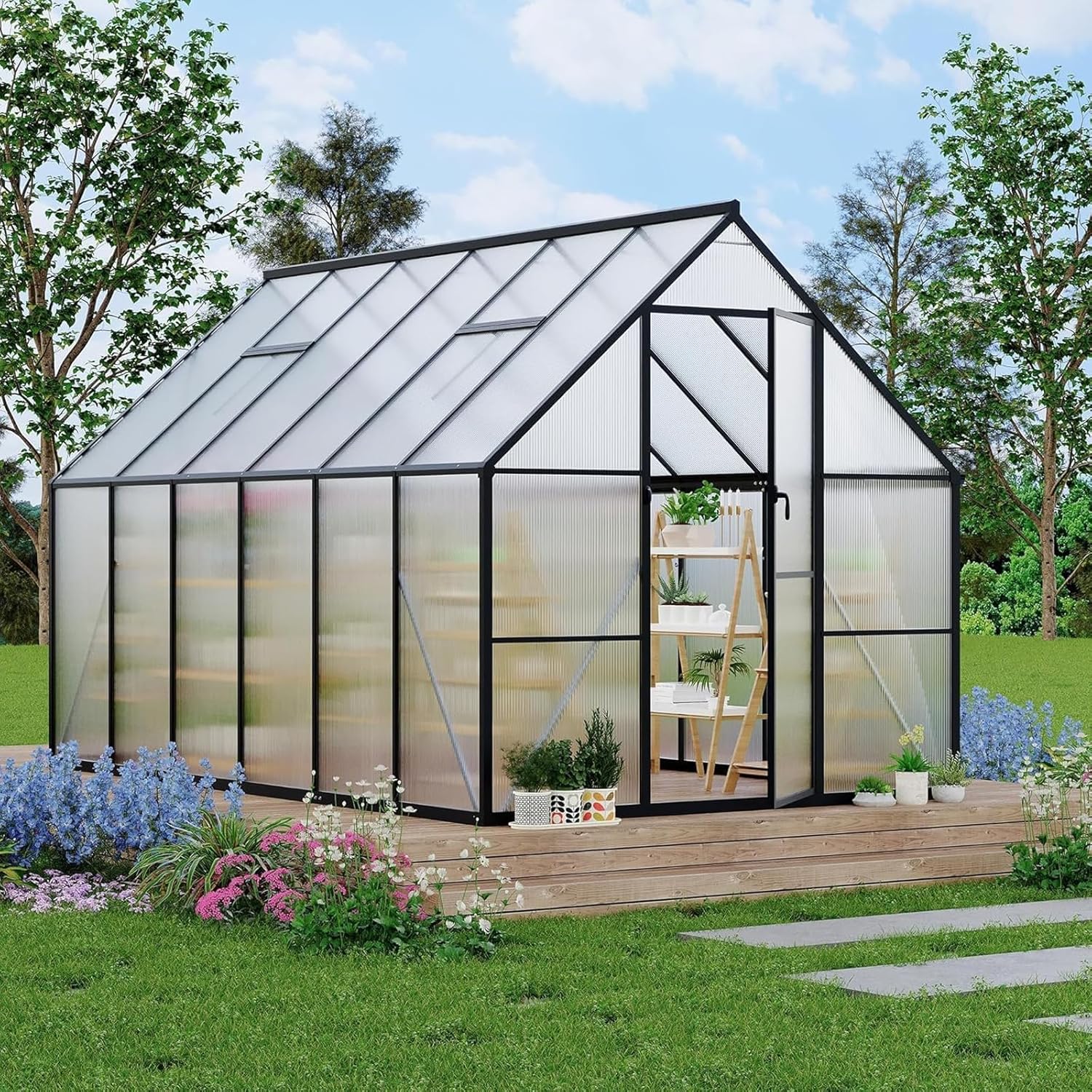8x16 FT Greenhouse for Outdoors, Aluminum-Framed Heavy Duty Polycarbonate Greenhouses with Roof Vent and Quick Setup Structure, Large Enhanced Green House Kit for Garden Yard