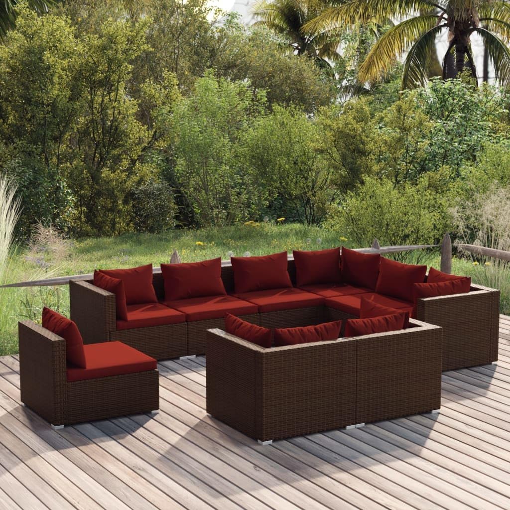 9 Piece Patio Lounge Set with Cushions Poly Rattan Brown,Ultimate Relaxation: Weatherproof Modular Patio Lounge Set in Brown with Cinnamon Red Cushions Patio Furniture, Outdoor Furniture Sets