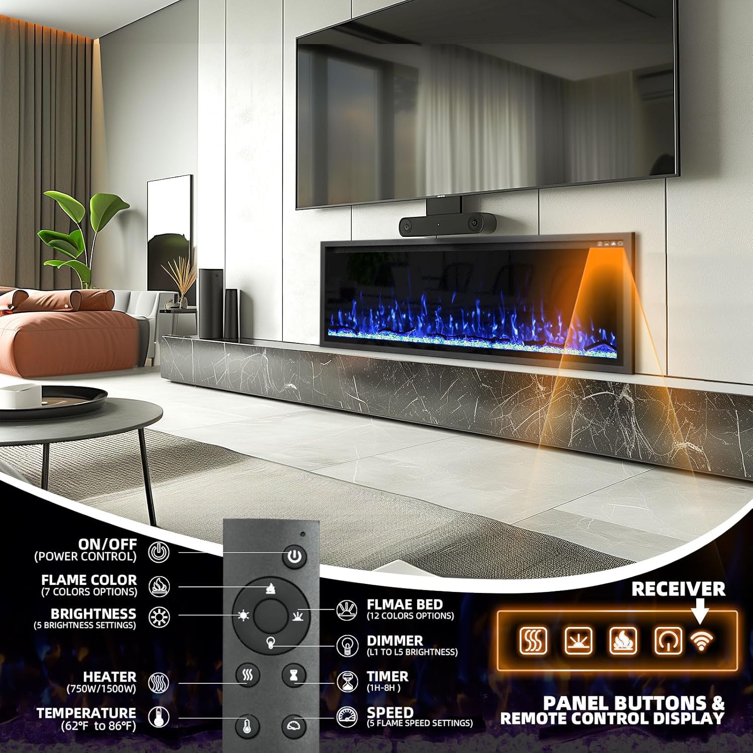 50 Inch Electric Fireplace Aluminum Frame-Ultra Silm Fireplace Recessed/Wall Mount, Log, Driftwood & Crystal Option, Wall Fireplace Electric w/Remote Control, Thermostat, Timer, 750w/1500w