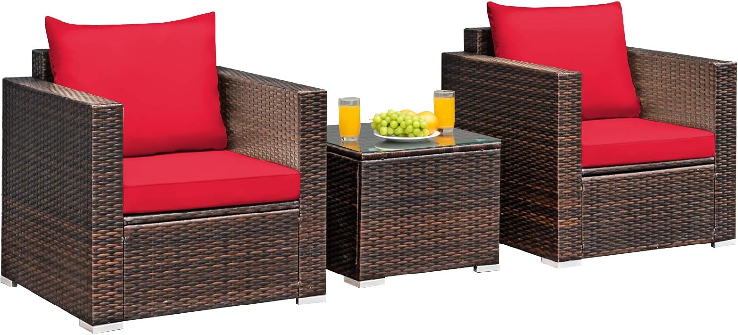 Tangkula 3 Pieces Patio Furniture Set, Outdoor Conversation Rattan Furniture Set w/Washable Cushion and Tempered Glass Tabletop, PE Rattan Wicker Sofa Set for Garden Poolside Balcony