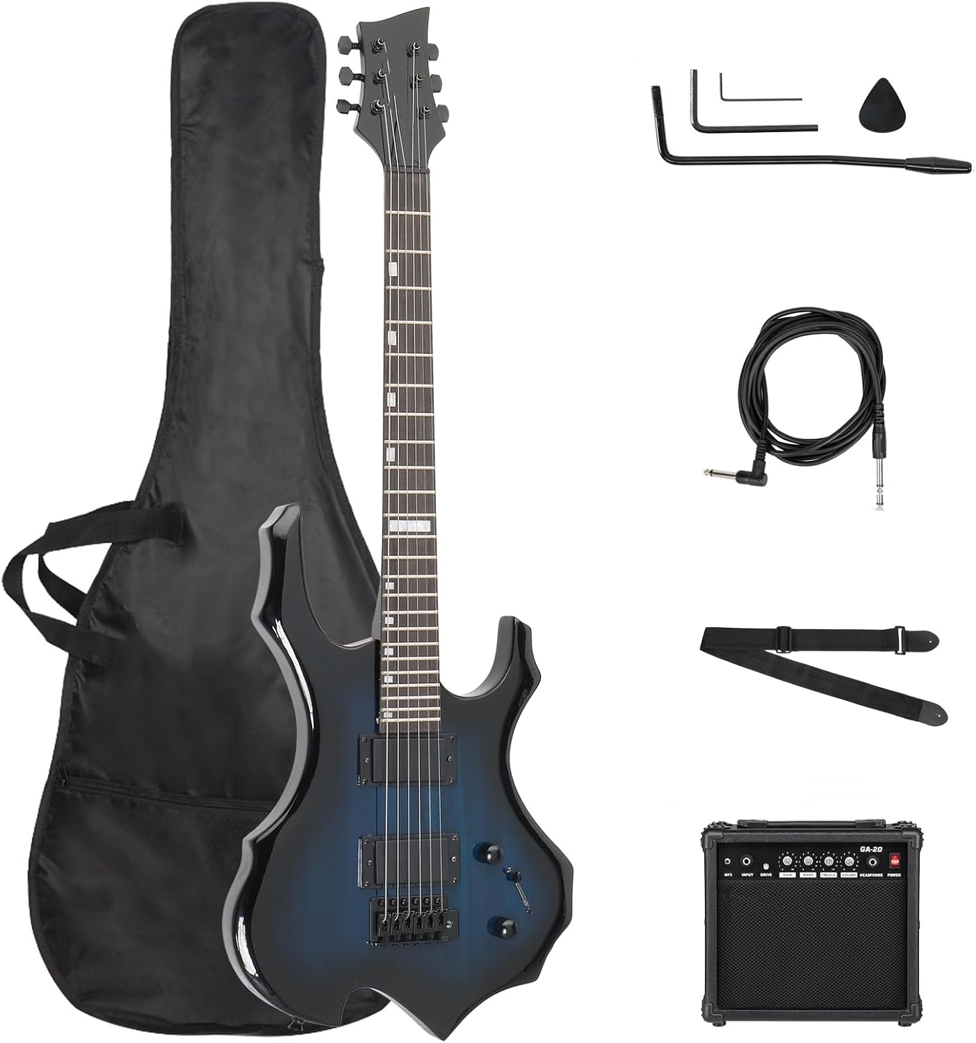 Solid Body Electric Guitar, Flame Design Electric Guitar Kit with 20Watt Amp, Gig Bag, Shoulder Strap, H-H Pickups 36 Inch Electric Guitars for Beginners & Professional (Blue)