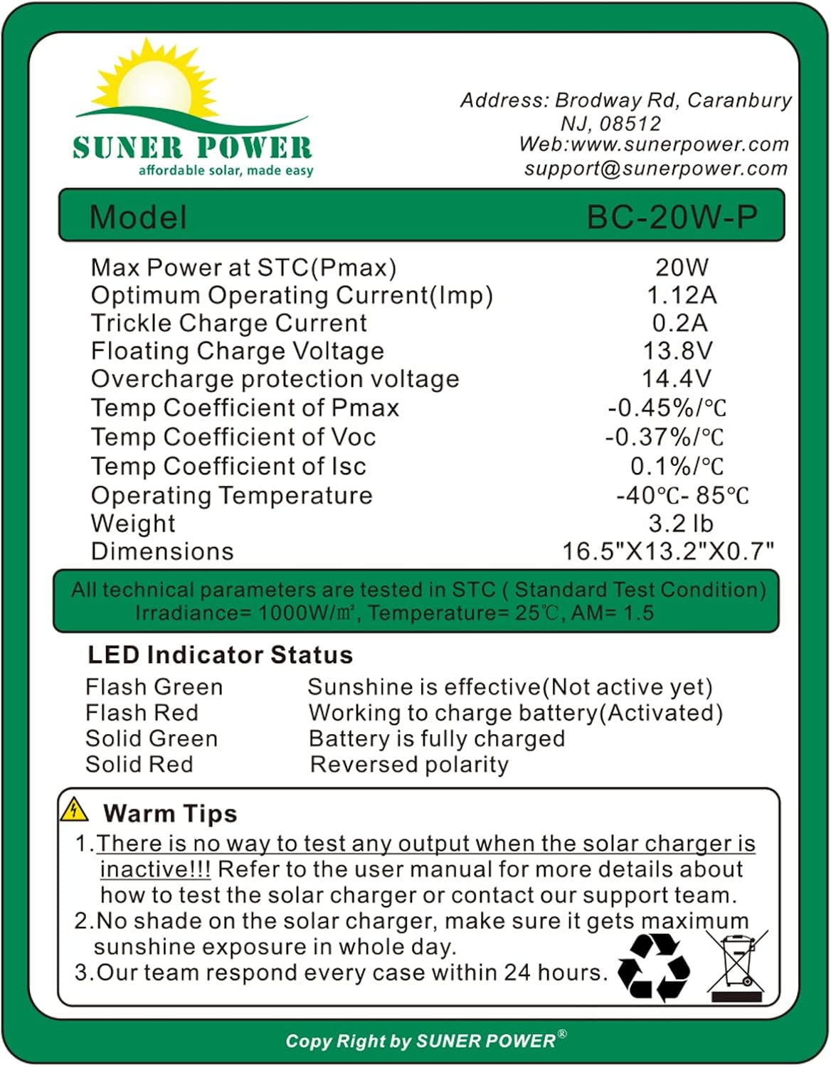 SUNER POWER 20W 12V Solar Battery Charger Maintainer, Built-in Smart MPPT Charge Controller, Adjustable Mount Bracket, Waterproof 20 Watt Solar Panel Kits for Car Automotive Boat Marine RV Trailer