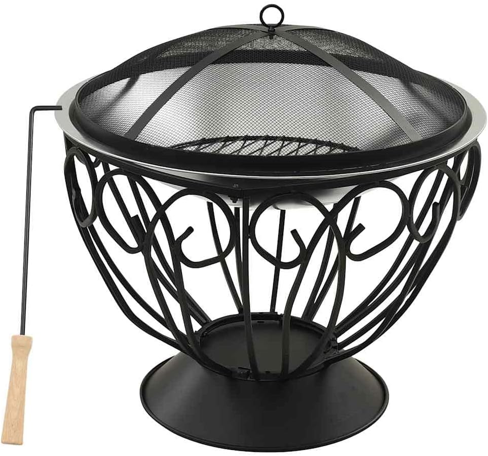 'vidaXL 2-in-1 Outdoor Fire Pit and BBQ with Mesh Cover and Poker - Stainless Steel Design - Silver 23.2