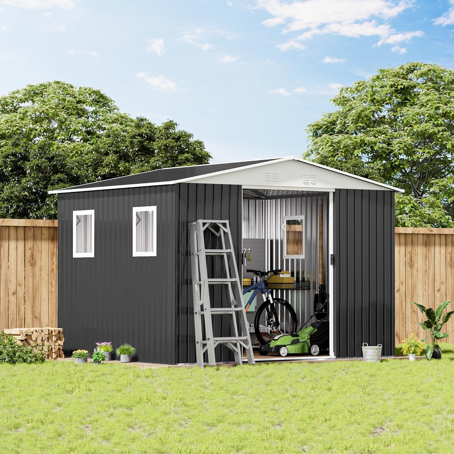 Outdoor Storage Shed, Grey Metal, 141.2x120.4x86.7 Inches, 12FTx10FT,4 Windows, Aluminum Alloy Frame, Multi-Functional Garden Tool House