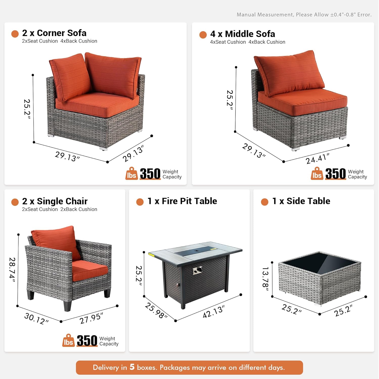 10 PCS Patio Outdoor Furniture Set w/Fire Pit Table,All Weather Wicker Outdoor Seating Sectional Sofa Set,Patio Outside Conversation Sets for Deck Yard Porch,Orange Red