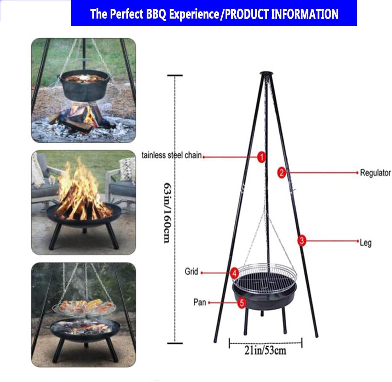Outdoor Height-Adjustable Hanging Tripod Campfire Cooking Equipment,Portable Camping Campfire Grill,Heavy Duty Firepit Grill,for Outdoor Cookin