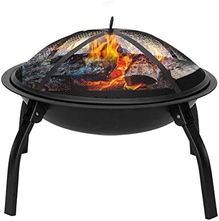 22-inch Folding Steel Fire Pit, Wood Burning Portable Outdoor Camping BBQ Grill Fire Bowl w/Screen Cover, Log Grate, Poker